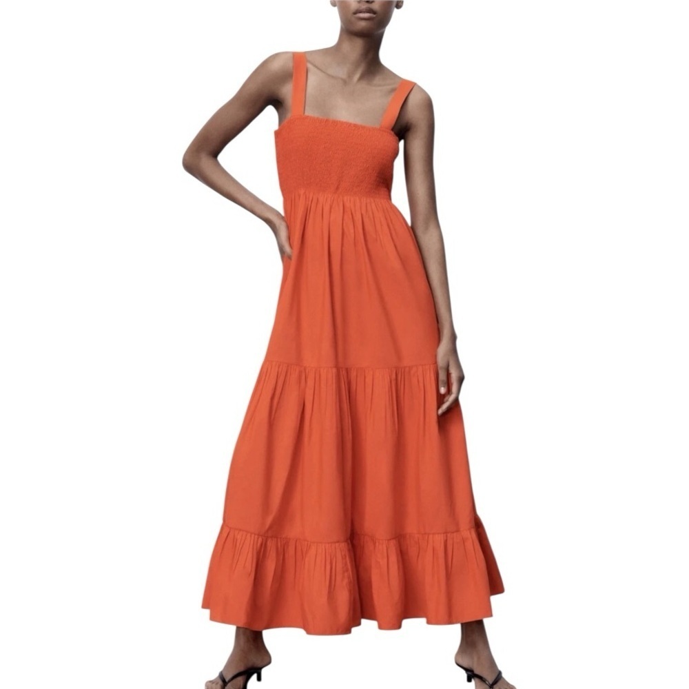Zara orange smocked poplin Long midi dress tiered Flowy festival dress SZ S